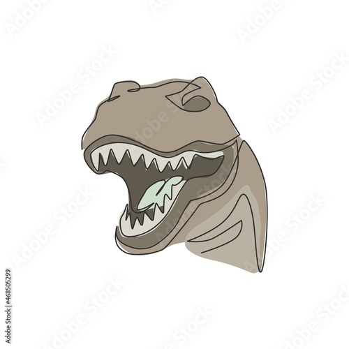Single continuous line drawing of tyrannosaurus rex head for logo identity. Prehistoric animal mascot concept for dinosaurs theme amusement park icon. One line draw graphic design vector illustration