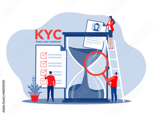 KYC or know your customer with business verifying the identity of its clients concept at the partners-to-be through a magnifying glass vector illustrator