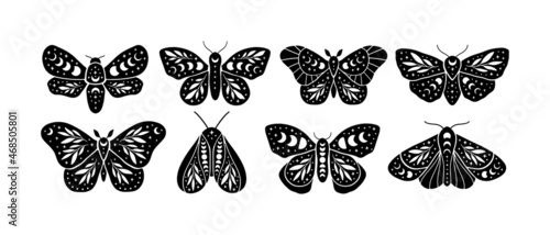 Boho celestial butterfly vector illustration set. Mystical moth with moon phases. Magic insect on white background. Esoteric alchemy symbol. Design for poster, card, t shirt print, sticker.