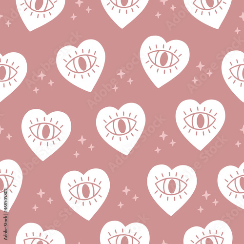 Boho seamless pattern- magical seeing heart with third eye on pink background. Occult esoteric mystic symbol. Alchemy vector illustration. Design for spiritual print, fabric, textile, paper wrapping, 