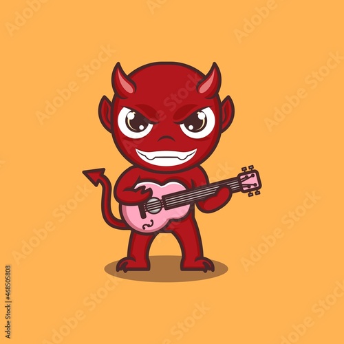 cute cartoon devil playing guitar. vector illustration for mascot logo or sticker