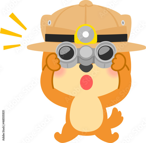 双眼鏡を覗いて驚く探検帽をかぶった犬のキャラクター