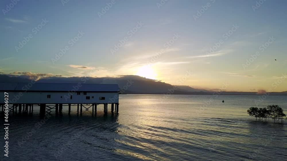 Aerial Shot of Evening Sunset Setting at the Sugar Wharf, Port Douglas - Static Aerial Shot of Evening Sunset Setting at the Sugar Wharf, Port Douglas - Static