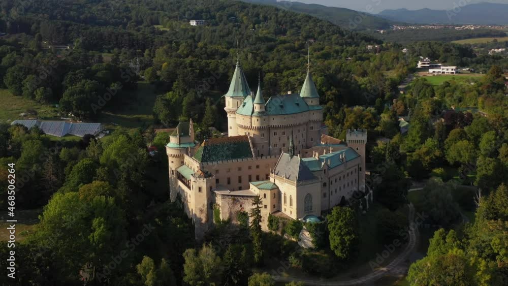 Rotating drone shot of the Castle of Spirits or Bojnice Castle in Slovakia Rotating drone shot of the Castle of Spirits or Bojnice Castle in Slovakia