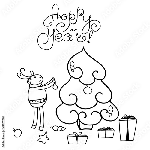 New Year's doodle. A hand-drawn one translated into a vector. A deer in a sweater decorates the Christmas tree with toys. On the floor are toys and gifts in the package. On top is the inscription of © Марина Дубьяга