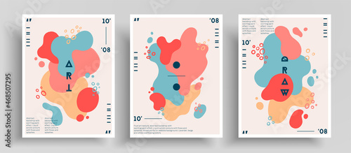 Colorful abstract template with modern posters. Minimalistic vector illustrations with smooth shapeless objects like color blots. Trendy and creative backgrounds set. Composition with stylish prints.