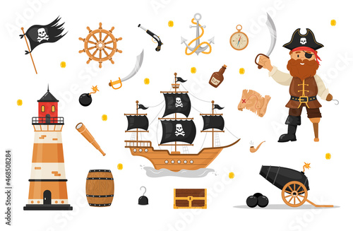 Bundle of pirate items. Man in pirating costume, lighthouse, flag, saber, ship, treasure chest. Piracy collection isolated on white background. Childish vector illustration in flat cartoon style.