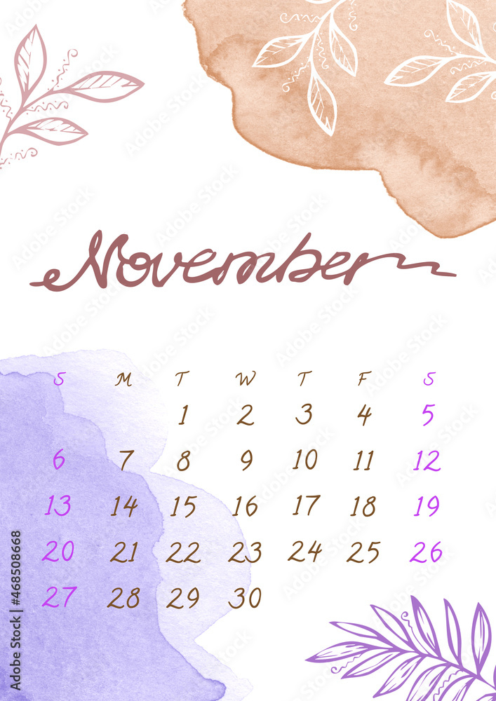 November Autumn month Calendar template for 2022 year. Watercolor violet and brown colorful splash and leaf on white background. Week Starts Sunday