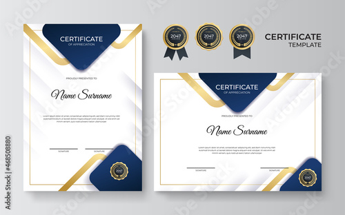 Modern blue and gold certificate template. Diploma certificate border template set with badges for award, business, and education