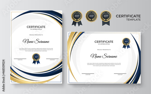 Modern blue and gold certificate template. Diploma certificate border template set with badges for award, business, and education