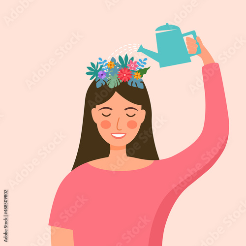 Self care or self compassion concept vector illustration. Mental health or psychological therapy. Woman watering flower on her head in flat design. photo