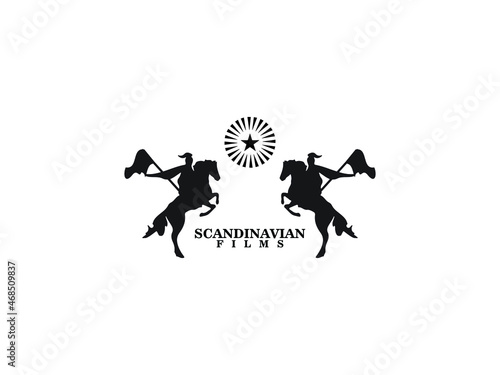Horseback Knight Silhouette, Horse Warrior Paladin Medieval logo design with movie film cinema reel