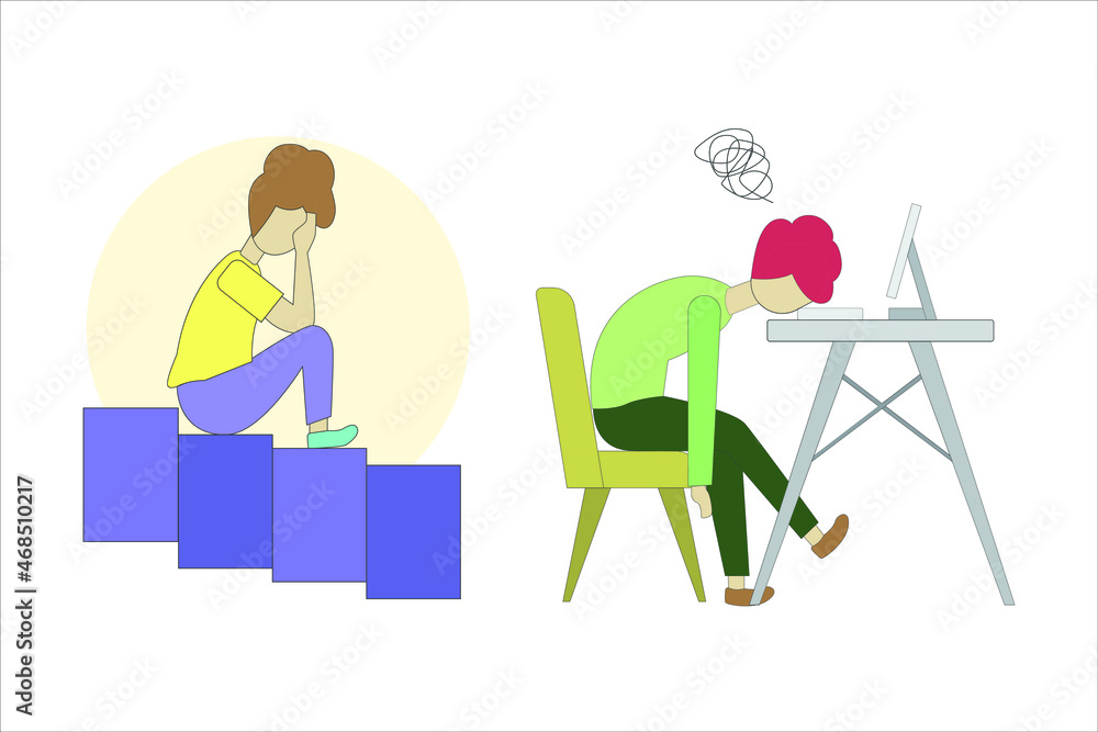 sick tired worker in office sad boring sitting with head down on laptop. The worker burnout syndrome. Frustrated worker mental health problems. Vector illustration