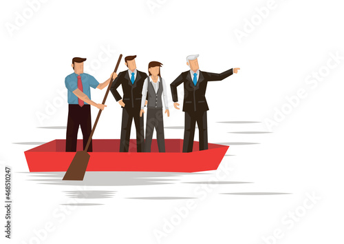 Businessman leading his team on a boat journey, sailing on boat in ocean.