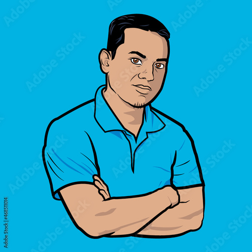 Confident man in blue shirt.
