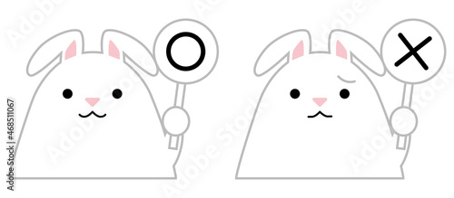 マルバツの札を持つ白うさぎ