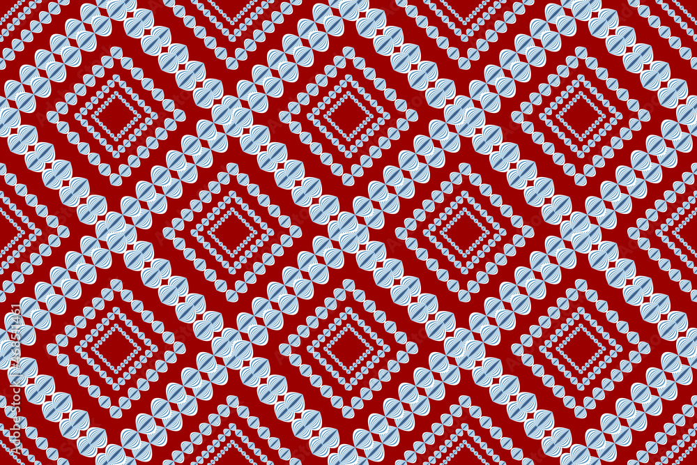 Seamless geometric retro ethnic fabric pattern, indigo flower pattern, for curtain design, carpet, wallpaper, clothing, wrap, batik, Thai fabric pattern, red background pattern fabric