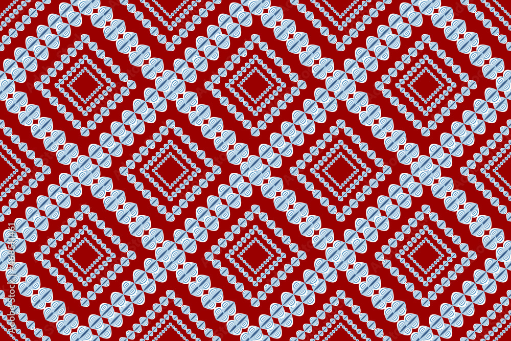 Seamless geometric retro ethnic fabric pattern, indigo flower pattern, for curtain design, carpet, wallpaper, clothing, wrap, batik, Thai fabric pattern, red background pattern fabric Seamless geometric retro ethnic fabric pattern, indigo flower pattern, for curtain design, carpet, wallpaper, clothing, wrap, batik, Thai fabric pattern, red background pattern fabric
