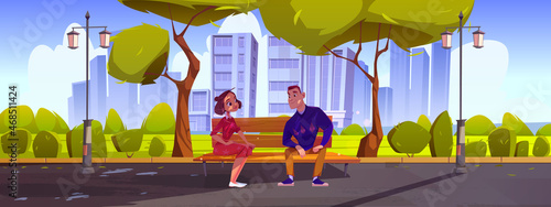 Summer landscape with happy couple on date in city park. Vector cartoon illustration of public park with man and woman sitting on wooden bench, green grass and trees