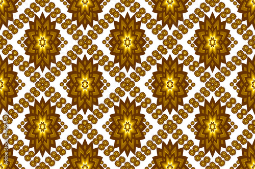Seamless geometric ethnic fabric pattern, golden flower pattern, Thai fabric pattern design, carpet, wallpaper, curtain, cushion, clothing, wrap, batik, white background fabric pattern