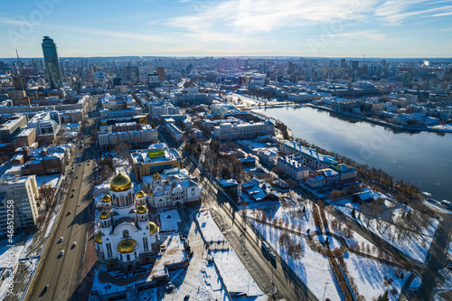Panorama of winter Yekaterinburg and Temple on Blood in sunny day. Aerial view of Yekaterinburg, Russia © Dmitrii Potashkin