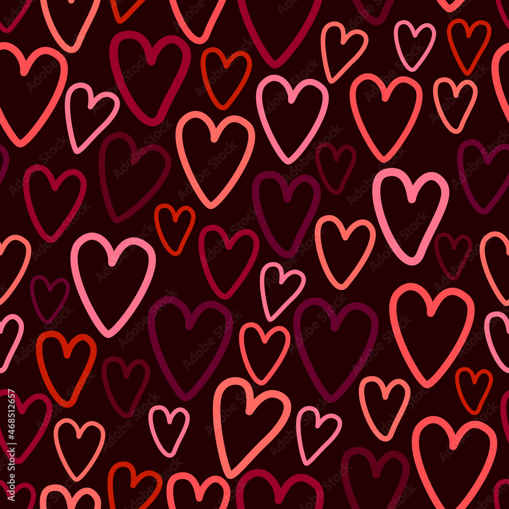 Seamless pattern with hearts on dark background. Vector illustration.