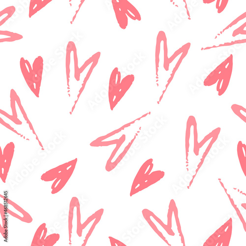 Seamless vector pattern made by hand drawn pink hearts on a white background.