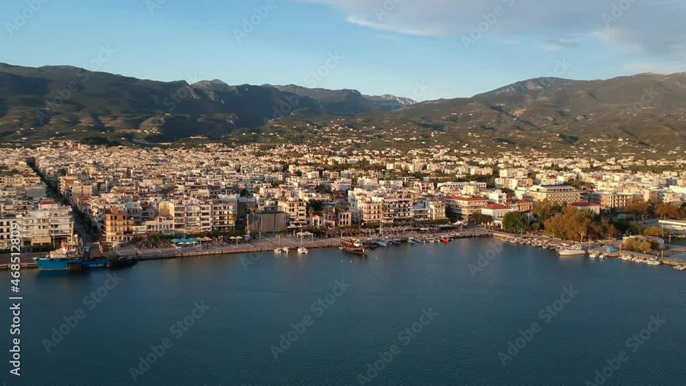 Aerial seaside view over seaside city of Kalamata, Greece at sunset Aerial seaside view over seaside city of Kalamata, Greece at sunset