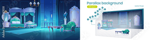 Parallax background baroque night bedroom 2d interior. Vintage room with luxury furniture bed with canopy, lamp, wardrobe, mirror, table and armchair separated layers, Cartoon vector illustration
