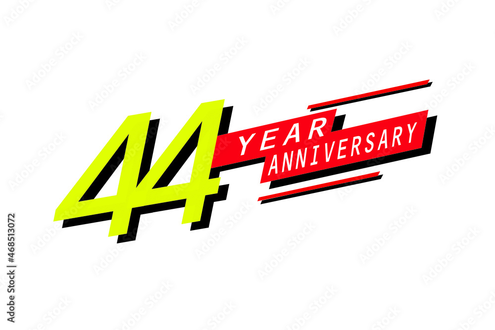 Obraz premium 44 year anniversary, Speedy style Yellow color with Red block Ribbon on a white background for greeting, invitation, banner, birthday card - vector