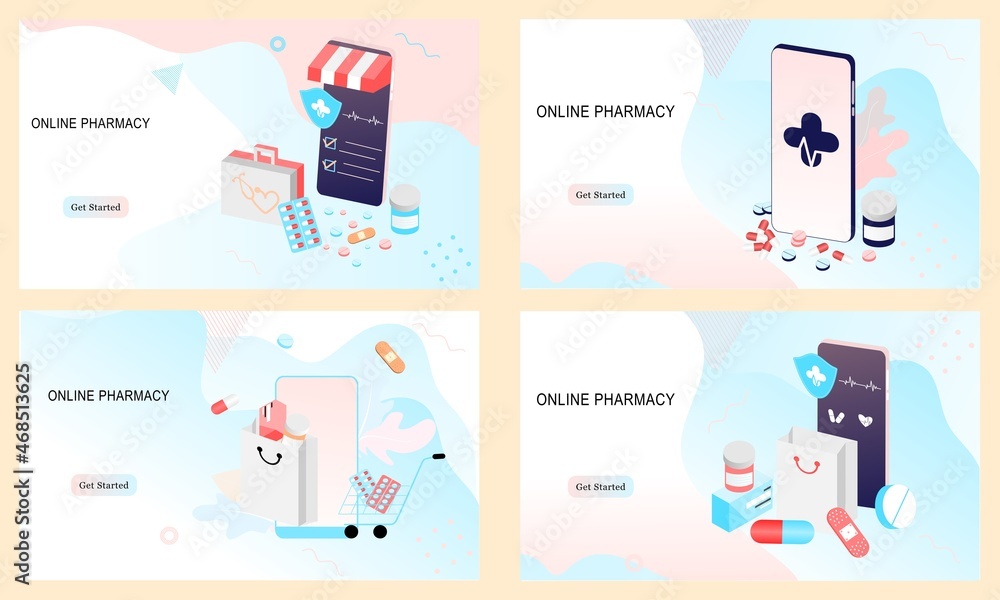 Set of landing pages of online pharmacy, healthcare, drugstore app concept. Vector of online prescription drugs, first aid kit and medical supplies being sold online via web or smartphone application.