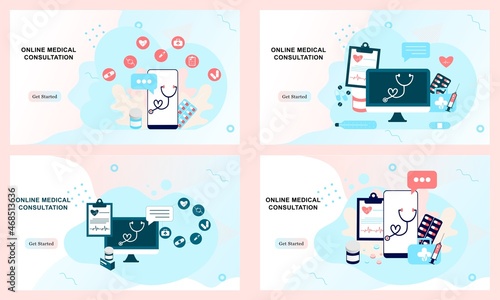 Set of landing page templates for online healthcare, medical services, online help, medical drugs, online medical consultation. Doctor, pharmacy, clinic, therapist for website, UI mobile application.