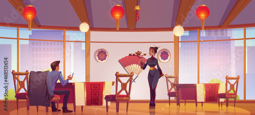 Tea ceremony in asian restaurant, woman wear traditional kimono serve visitor in Chinese or Japanese cafe sit at table in cafeteria with authentic decor and city view, Cartoon vector illustration