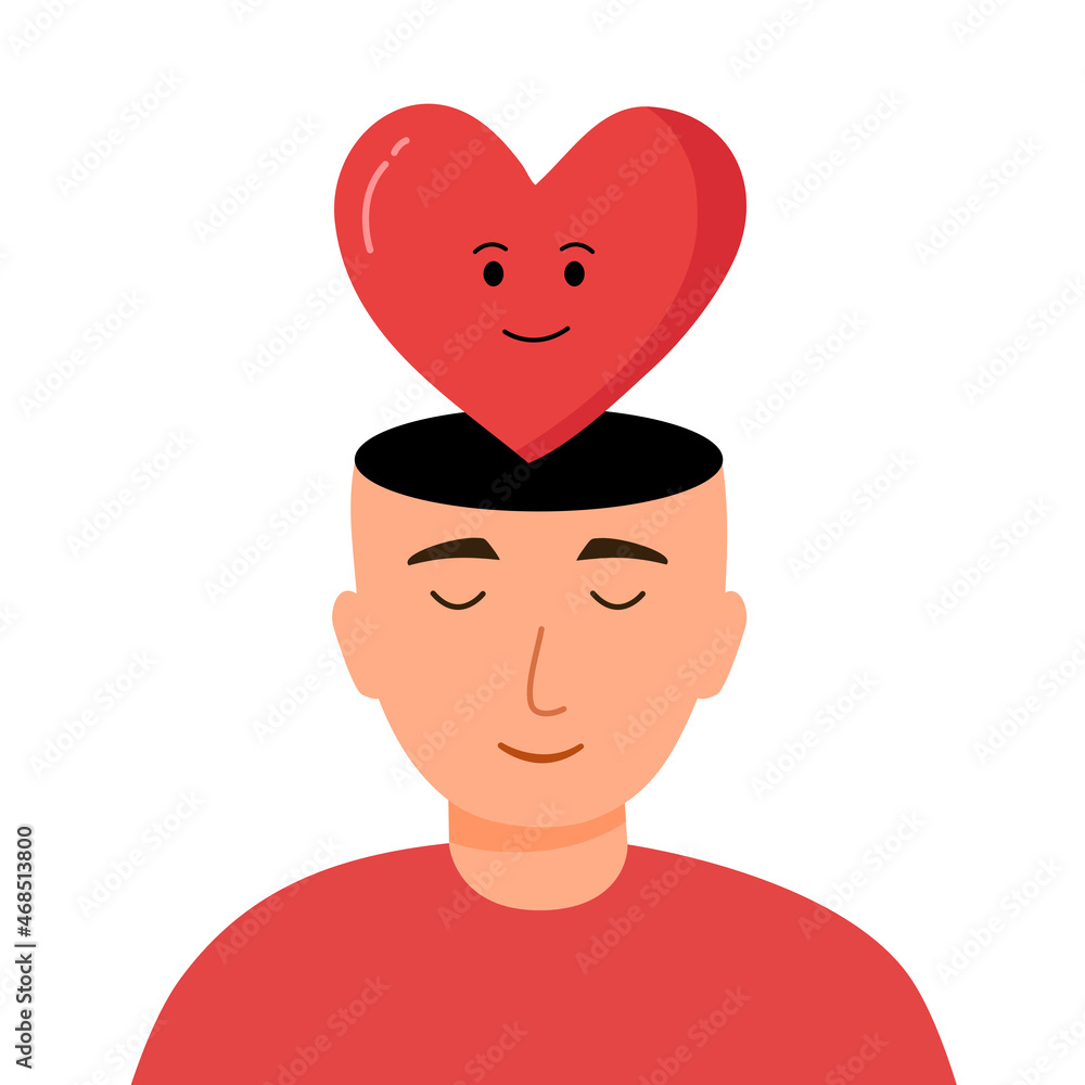 Mental health concept vector illustration. Smiling red heart on man head. World mental health day. Psychological therapy and treatment. Positive thinking. Mindfulness. Mental health concept vector illustration. Smiling red heart on man head. World mental health day. Psychological therapy and treatment. Positive thinking. Mindfulness.