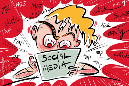 Canvastavla An emotive illustration showing a young boy hiding behind a tablet sending hateful comments over social media