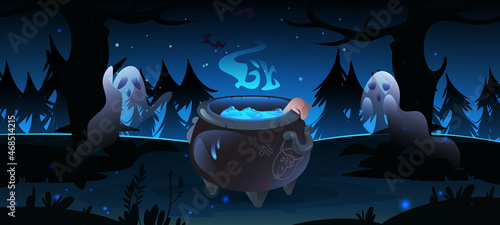 Dark forest with witch cauldron and ghosts at night. Halloween background with old cooking boiler with blue boiling magic potion, hand and smoke. Vector cartoon illustration with cauldron in wood