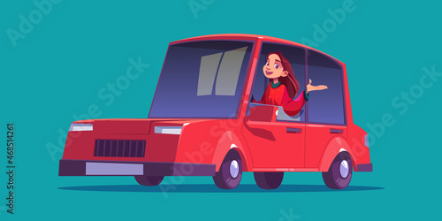 Happy girl sitting in red car. Vector cartoon illustration of female character drives vehicle isolated on green background. Professional woman driver in automobile with open window