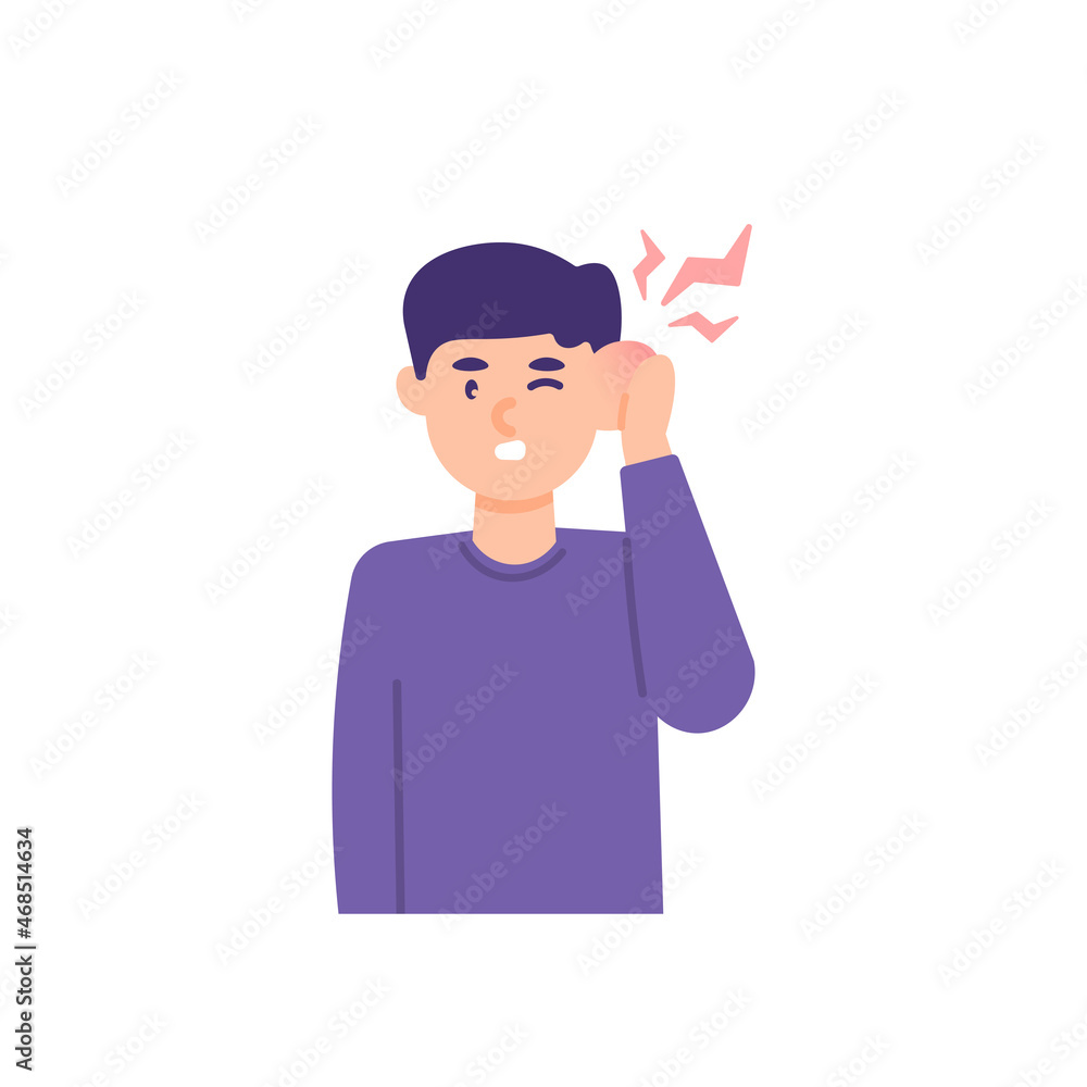 illustration of a man holding his ear because his ear is swollen. feel a sharp earache. infection, inflammation, pain. flat cartoon style. vector design illustration of a man holding his ear because his ear is swollen. feel a sharp earache. infection, inflammation, pain. flat cartoon style. vector design