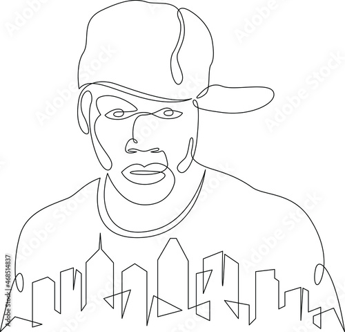 Rapper in a baseball cap. City silhouette of skyscrapers. Rapper singer logo portrait.One continuous line .One continuous drawing line logo isolated minimal illustration.