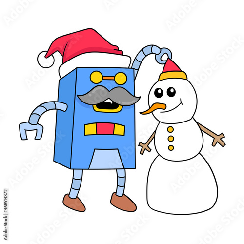 the robot is making a snowman during christmas winter, doodle icon image kawaii
