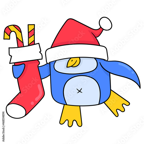 penguin celebrating christmas with candy cane, doodle icon image kawaii