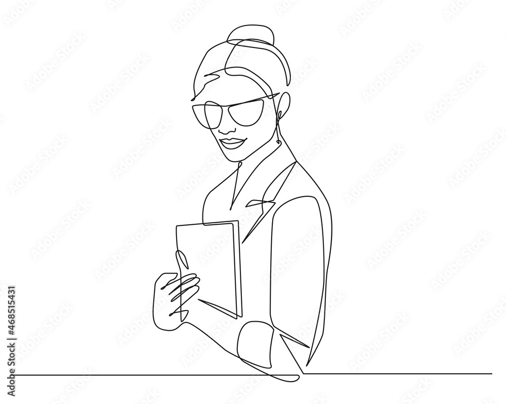 Woman Working Continuous One Line Drawing. Businesswoman and Book Outline Drawing. Female Line Abstract Portrait. Minimalist Contour Drawing. Vector EPS 10