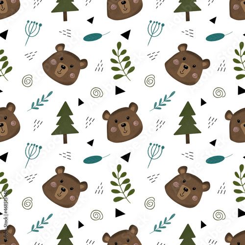 Seamless pattern with cute bears and leaves in Scandinavian style. Pattern for kids, textile, print, backdrops. 