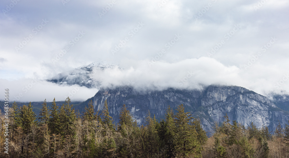 Scenic view of Chief Mountain during a cloudy spring day. Located in Squamish, North of Vancouver, British Columbia, Canada. Nature Background.