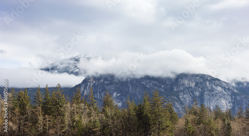 Scenic view of Chief Mountain during a cloudy spring day. Located in Squamish, North of Vancouver, British Columbia, Canada. Nature Background.