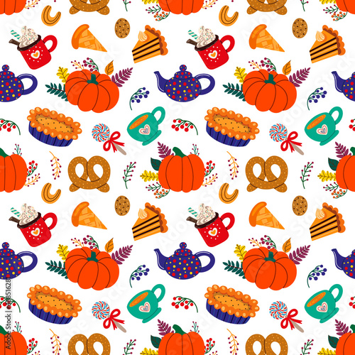 Colorful various autumn pastry and drinks amidst leaves forming seamless pattern on white background
