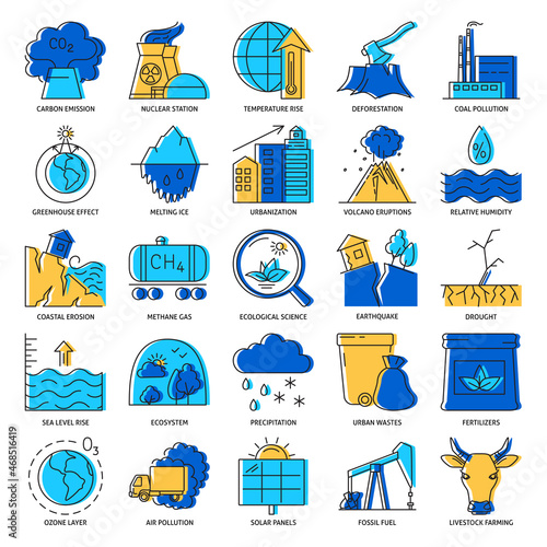 Climate change icon set in colored line style