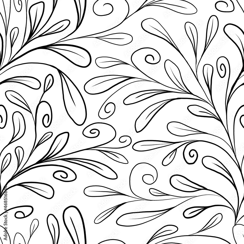 Hand drawn branches and leaves on a white background. Seamless pattern. Design for cloth, print, paper, card. Hand drawn branches and leaves on a white background. Seamless pattern. Design for cloth, print, paper, card.