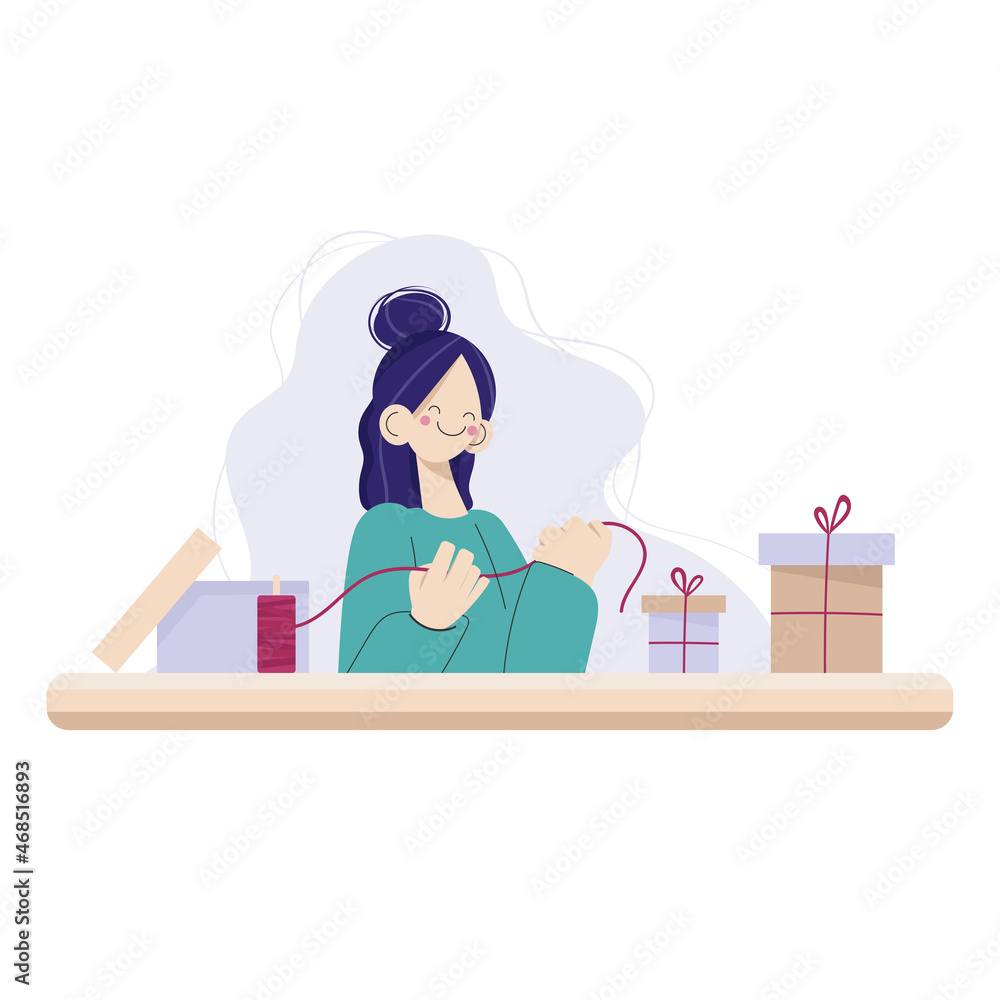 Happy smiling woman packing gifts. Vector illustration. Happy smiling woman packing gifts. Vector illustration.