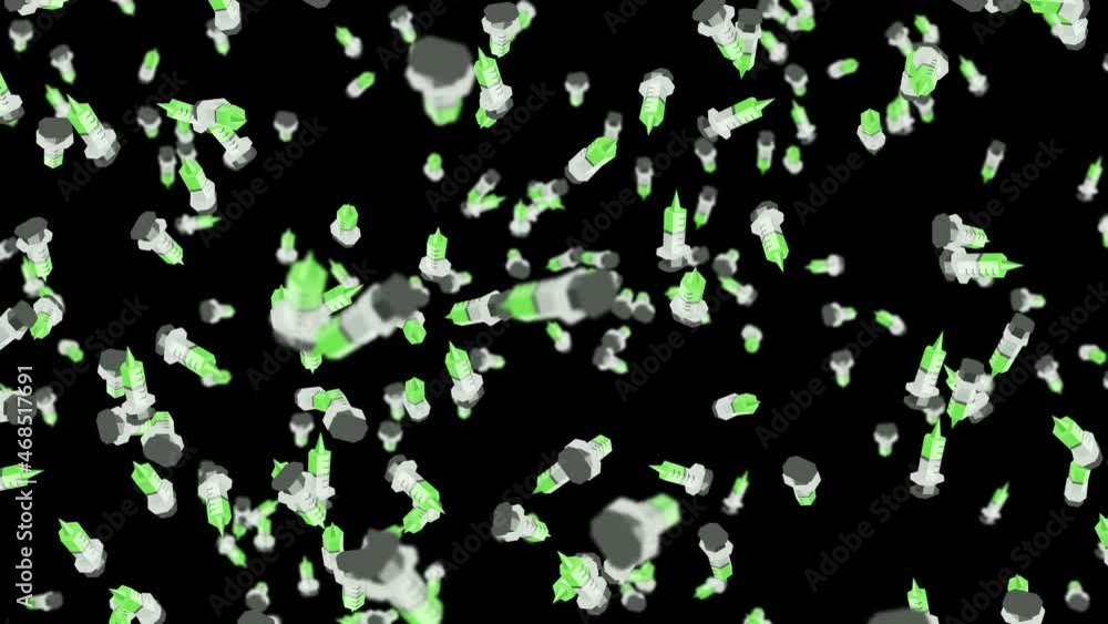 Many syringe floating in air on black background. Medical concept. 3D illustration of vaccination injection. Loop animation. Many syringe floating in air on black background. Medical concept. 3D illustration of vaccination injection. Loop animation.